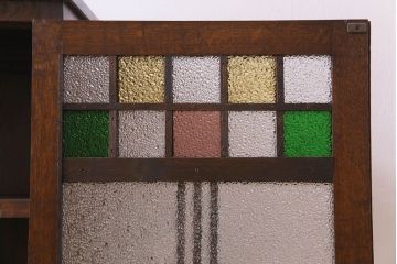 アンティーク家具　大正ロマン　ナラ材　柔らかな色合いの当時物色ガラスが魅力的な本箱(収納棚、戸棚、キャビネット)(R-030481)