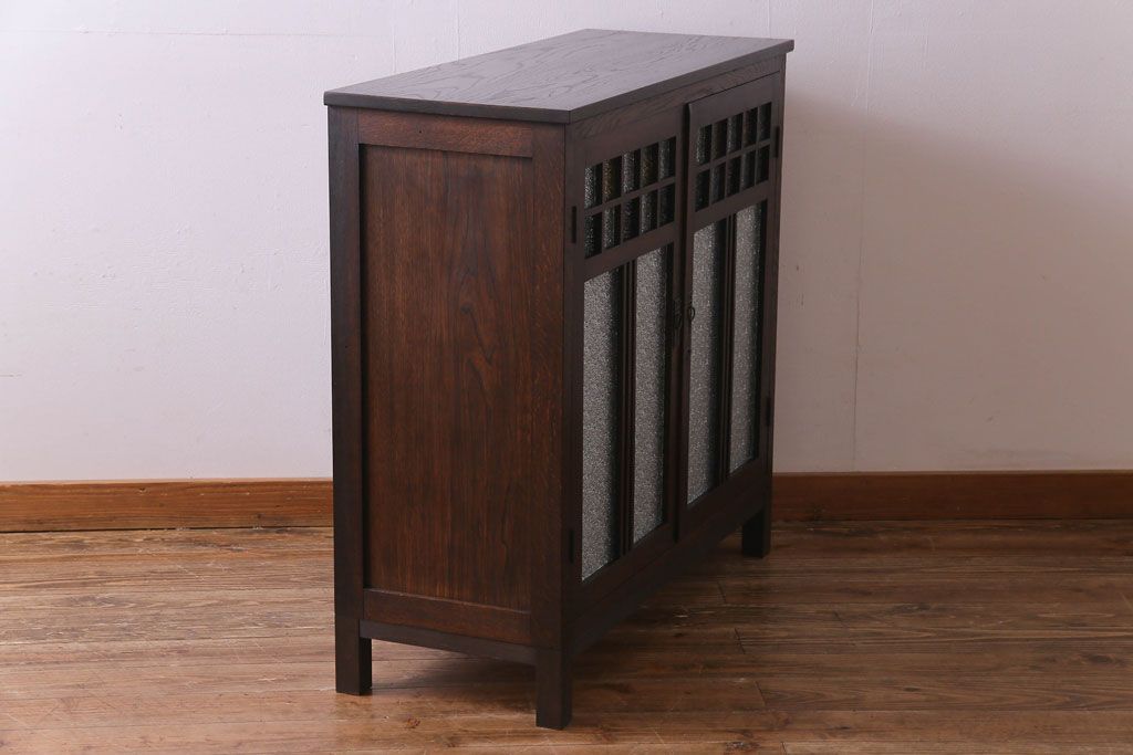 アンティーク家具　大正ロマン　ナラ材　柔らかな色合いの当時物色ガラスが魅力的な本箱(収納棚、戸棚、キャビネット)(R-030481)