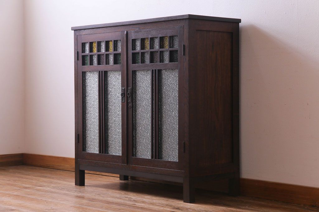 アンティーク家具　大正ロマン　ナラ材　柔らかな色合いの当時物色ガラスが魅力的な本箱(収納棚、戸棚、キャビネット)(R-030481)