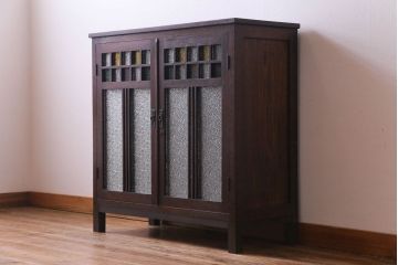 アンティーク家具　大正ロマン　ナラ材　柔らかな色合いの当時物色ガラスが魅力的な本箱(収納棚、戸棚、キャビネット)(R-030481)