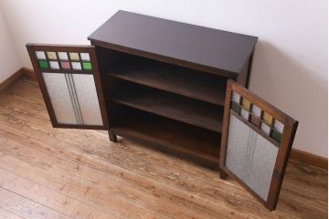 アンティーク家具　大正ロマン　ナラ材　柔らかな色合いの当時物色ガラスが魅力的な本箱(収納棚、戸棚、キャビネット)(R-030481)