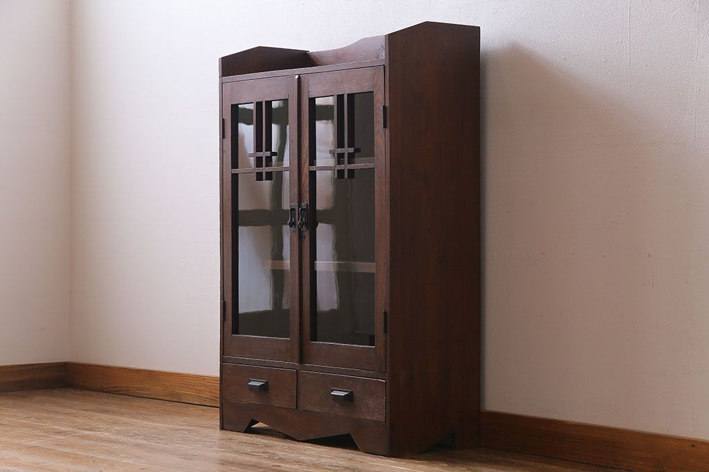 アンティーク家具　昭和初期　栓材製　大正ロマンの雰囲気漂うブックケース(収納棚、食器棚)