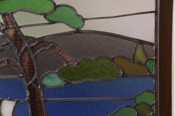 激レア品!　大正昭和初期　当時もの色ガラス　松原を描いたステンドグラス引き戸(ガラス戸、建具)