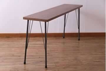 レトロ家具　昭和レトロ　ラワン材一枚板　古い木の質感が味わい深い鉄脚テーブル(コンソールテーブル、作業台)