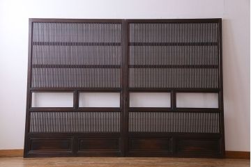 和製アンティーク　腰板ケヤキ材　花ガラスが上品な裏障子付きの格子戸(障子戸、引き戸、建具)2枚セット