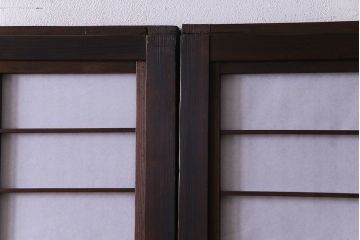 和製アンティーク　腰板ケヤキ材　花ガラスが上品な裏障子付きの格子戸(障子戸、引き戸、建具)2枚セット