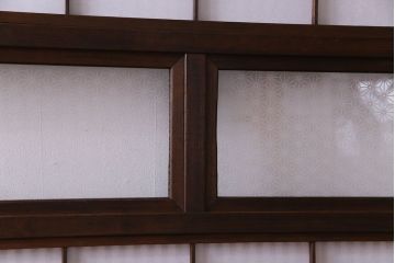 和製アンティーク　腰板ケヤキ材　花ガラスが上品な裏障子付きの格子戸(障子戸、引き戸、建具)2枚セット