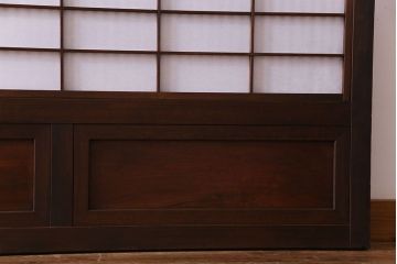 和製アンティーク　腰板ケヤキ材　花ガラスが上品な裏障子付きの格子戸(障子戸、引き戸、建具)2枚セット