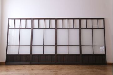 昭和初期　モールガラス　古い質感の木材が味わい深い幅広のガラス戸(格子戸、引き戸、建具)4枚組