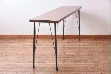 昭和期　ヒノキ材一枚板　味わいある古材をリメイクした鉄脚テーブル(コンソールテーブル、作業台)