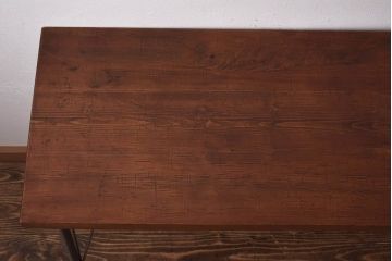 昭和期　ヒノキ材一枚板　味わいある古材をリメイクした鉄脚テーブル(コンソールテーブル、作業台)