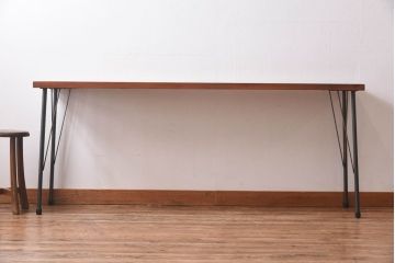 昭和期　ヒノキ材一枚板　味わいある古材をリメイクした鉄脚テーブル(コンソールテーブル、作業台)