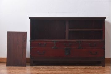アンティーク家具　和製アンティーク　結霜ガラス　艶やかな漆塗りが上品な時代箪笥ローボード(リビングボード)
