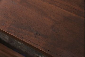 レトロ家具　昭和レトロ　海を思わせる色ガラスが美しい丸窓のローボード(戸棚、収納棚、リビングボード)