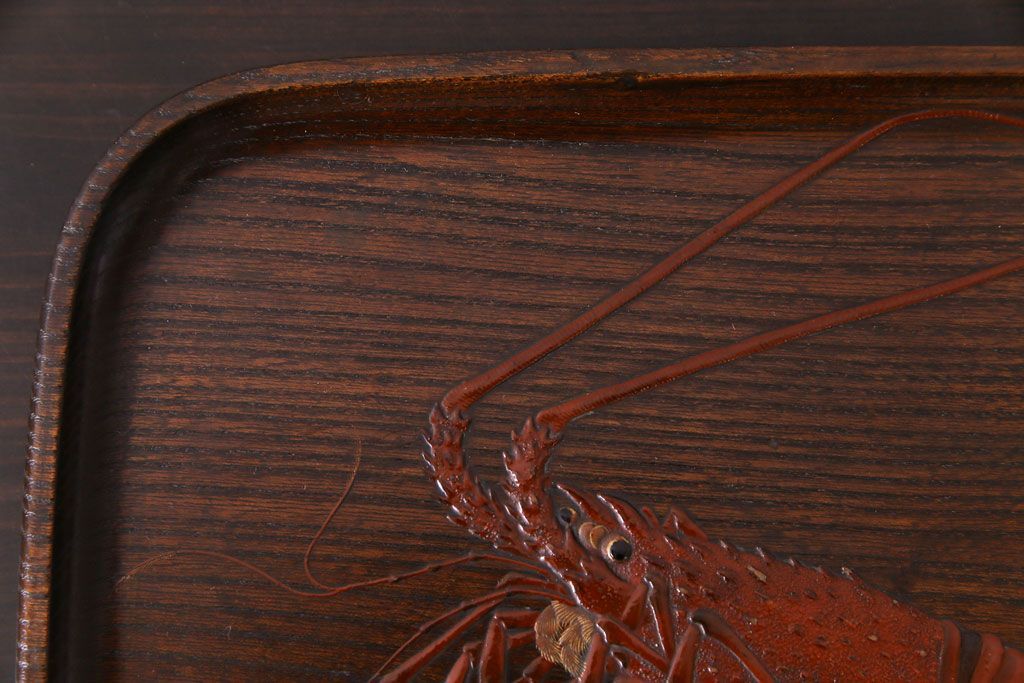 アンティーク雑貨　和製アンティーク　大正期　ケヤキ材　伊勢海老のデザインが目をひくお盆(トレー)