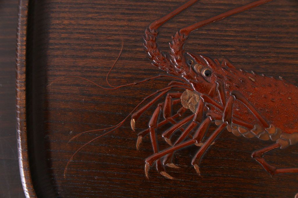 アンティーク雑貨　和製アンティーク　大正期　ケヤキ材　伊勢海老のデザインが目をひくお盆(トレー)