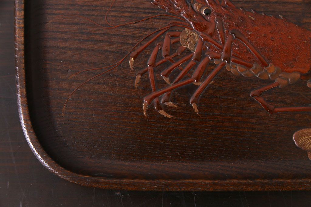 アンティーク雑貨　和製アンティーク　大正期　ケヤキ材　伊勢海老のデザインが目をひくお盆(トレー)