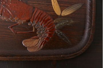 アンティーク雑貨　和製アンティーク　大正期　ケヤキ材　伊勢海老のデザインが目をひくお盆(トレー)