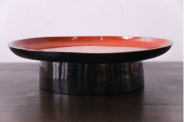 和製アンティーク　会津漆器　朱赤の漆塗りが美しい高台付き丸盆(丸膳)(1)