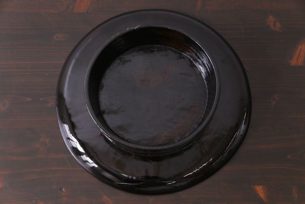 和製アンティーク　会津漆器　朱赤の漆塗りが美しい高台付き丸盆(丸膳)(1)