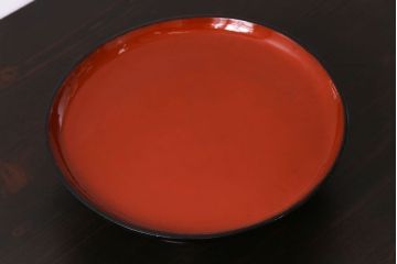 和製アンティーク　会津漆器　朱赤の漆塗りが美しい高台付き丸盆(丸膳)(3)