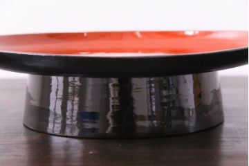 和製アンティーク　会津漆器　朱赤の漆塗りが美しい高台付き丸盆(丸膳)(3)