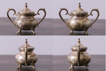 ヨーロッパビンテージ　銀製(シルバー)　STERLING950　クラシカルなデザインがおしゃれなティーセット(ポット、クリーマー、シュガーポット、トレー)