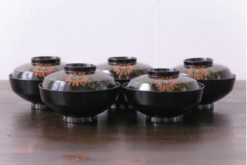 和製アンティーク　素朴な絵柄が個性的な木製椀5客