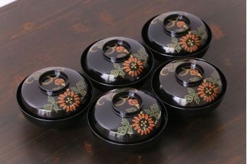 和製アンティーク　素朴な絵柄が個性的な木製椀5客