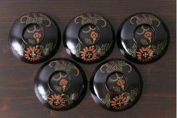 和製アンティーク　素朴な絵柄が個性的な木製椀5客