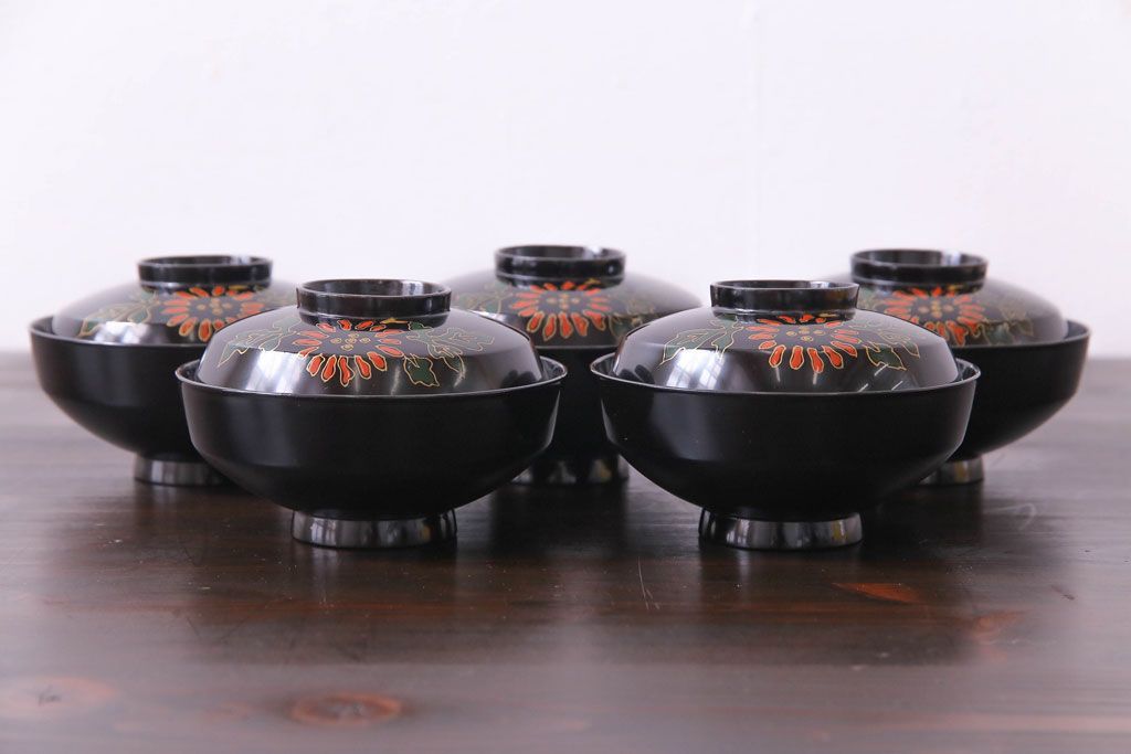 和製アンティーク　素朴な絵柄が個性的な木製椀5客(1)