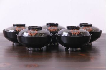 和製アンティーク　素朴な絵柄が個性的な木製椀5客(1)