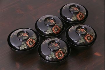 和製アンティーク　素朴な絵柄が個性的な木製椀5客(1)