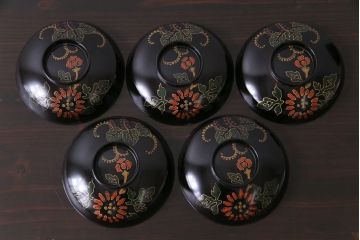 和製アンティーク　素朴な絵柄が個性的な木製椀5客(1)