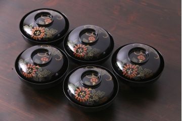 和製アンティーク　素朴な絵柄が個性的な木製椀5客(1)