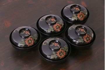 和製アンティーク　素朴な絵柄が個性的な木製椀5客(2)