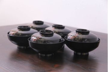 和製アンティーク　素朴な絵柄が個性的な木製椀5客(2)