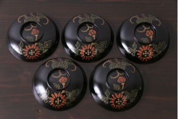 和製アンティーク　素朴な絵柄が個性的な木製椀5客(2)