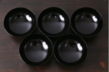 和製アンティーク　素朴な絵柄が個性的な木製椀5客(2)