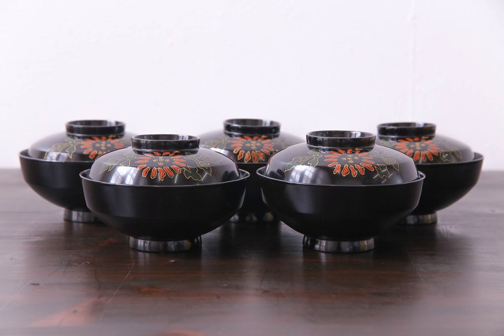 和製アンティーク　素朴な絵柄が個性的な木製椀5客(3)