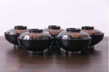 和製アンティーク　素朴な絵柄が個性的な木製椀5客(3)