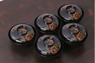 和製アンティーク　素朴な絵柄が個性的な木製椀5客(3)