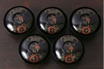 和製アンティーク　素朴な絵柄が個性的な木製椀5客(3)