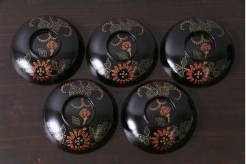 和製アンティーク　素朴な絵柄が個性的な木製椀5客(3)