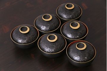 和製アンティーク　鉄錆蒔絵　赤富士の図　和モダンな蓋付椀(漆器)6客セット