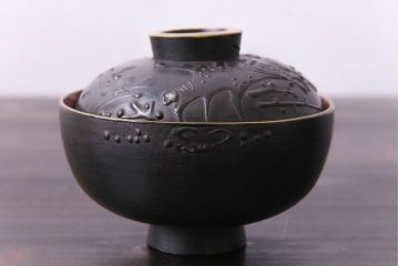 和製アンティーク　鉄錆蒔絵　赤富士の図　和モダンな蓋付椀(漆器)6客セット