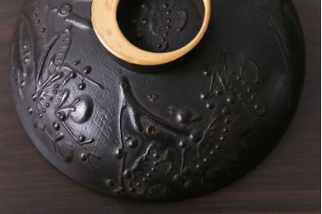 和製アンティーク　鉄錆蒔絵　赤富士の図　和モダンな蓋付椀(漆器)6客セット