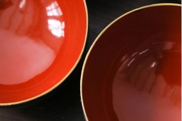 和製アンティーク　鉄錆蒔絵　赤富士の図　和モダンな蓋付椀(漆器)6客セット