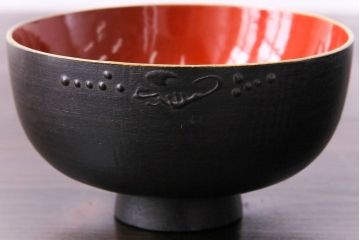 和製アンティーク　鉄錆蒔絵　赤富士の図　和モダンな蓋付椀(漆器)6客セット