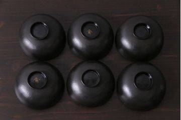 和製アンティーク　鉄錆蒔絵　赤富士の図　和モダンな蓋付椀(漆器)6客セット